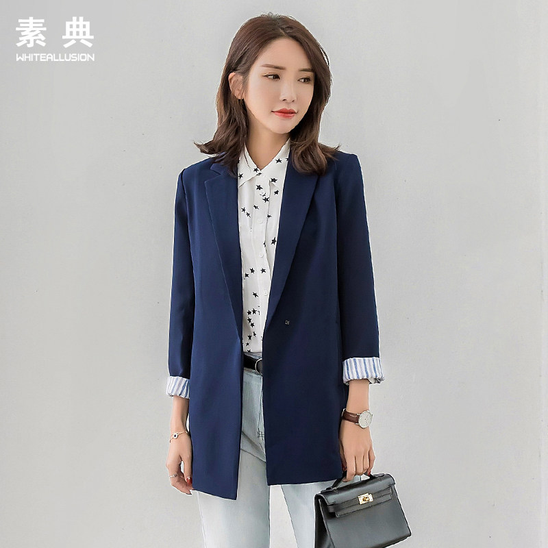 2022 Spring Autumn Fashion New Fashion Striped Sleeves Casual Mid long version Little West Temperament Loose Suit Jacket Woman