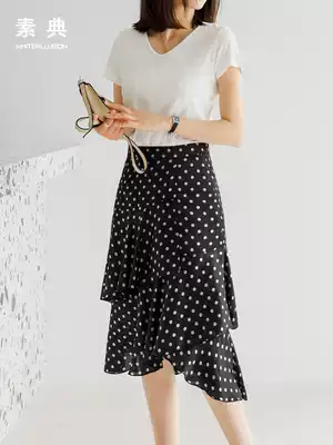 Black wave dot skirt medium and long version female summer Korean version of high waist bag skirt chiffon irregular fishtail skirt