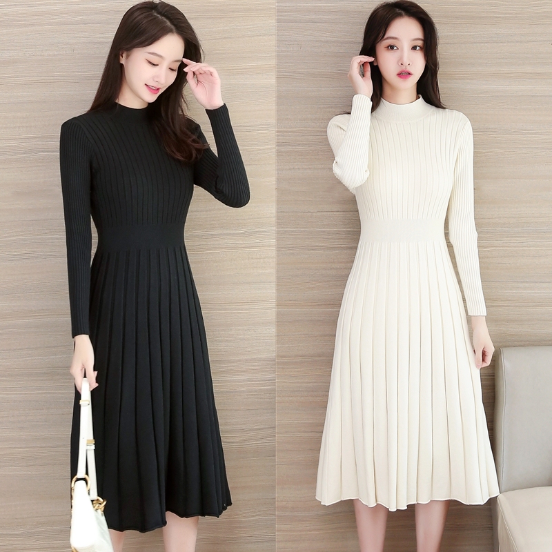 Half-High Collar Elegant Knitted Dress, French-Style A-Line Skirt, Waist-Cinching Thick Inner Layer, Long Sweater, Over-The-Knee Skirt for Autumn and Winter