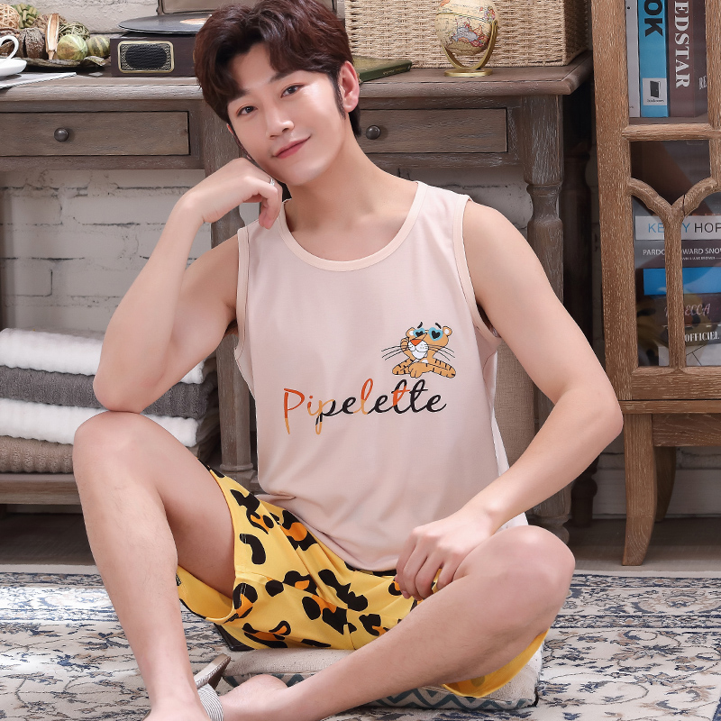 Mens pajama mùa hè vest quần short bông cộng với sân giản dị mỏng thanh niên mùa hè không tay nhà quần áo bộ