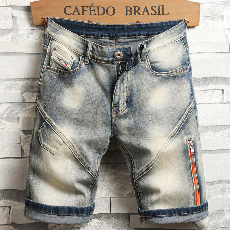 Vintage Distressed Denim Shorts for Men, Trendy Brand ins Biker Washed Casual Stretchy Knee-Length Shorts with Zipper Decoration