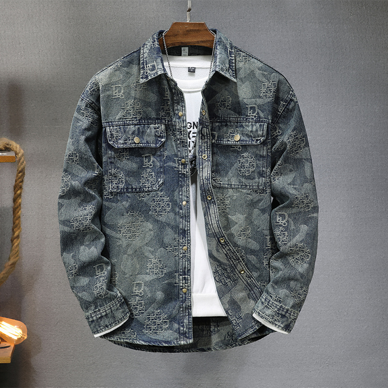 Spring and Autumn High-End Retro Jacquard Denim Shirt Jacket for Men, Trendy Brand Loose Casual Shirt Coat