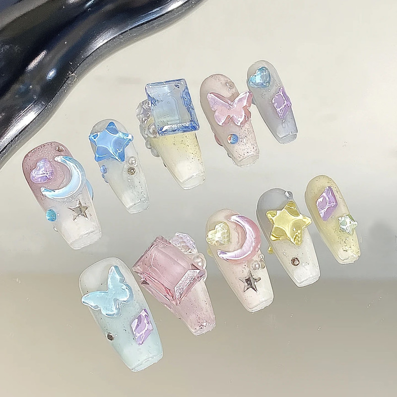Moon Cloud Wearable Nails Super Cute Dopamine Girl Wearable Nail Art Glitter Removable Fake Nails Nail Art 256