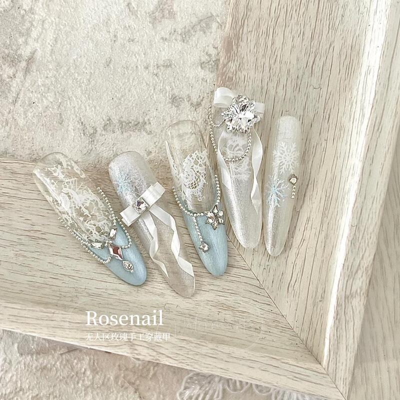 Wearing Nails in Winter during Snowy Days, Dazzling Ice Sand Wearable Manicure, Diamond Snowflake Blue Fake Nails, Handmade Manicure 438