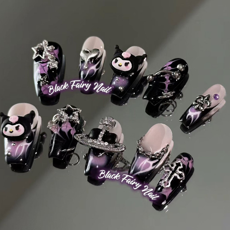 Punk Kuromi Manicure Black Purple Sweet Cool Hot Girl Wearable Manicure Y2K Removable Nail Tips Wearable Nails 320