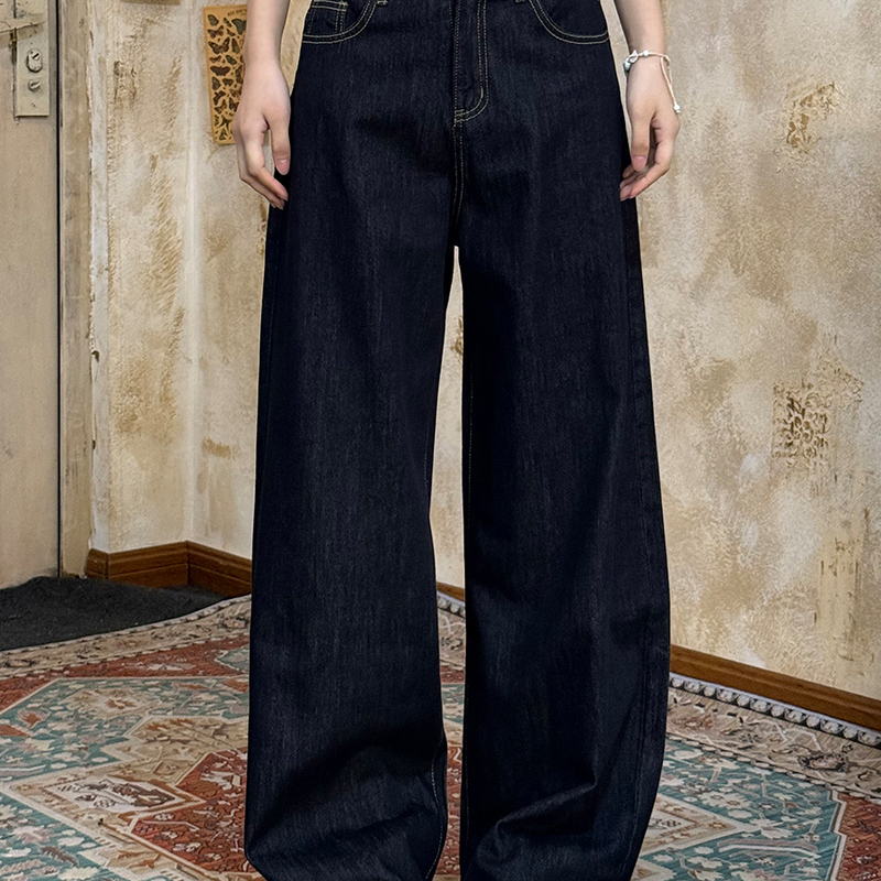 Vintagetang Dark Blue Original Color Loose Wide-Leg Denim Jeans for Women, Slimming Straight-Leg Pants for Petite Figures