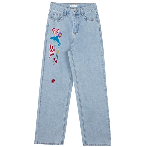 Tide, ретро джинсовые синие штаны, в американском стиле, с вышивкой, свободный прямой крой