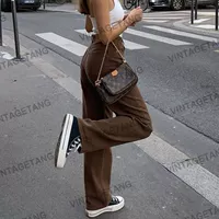 Ретро коричневые цветные штаны, джинсы, в американском стиле, высокая талия, свободный прямой крой