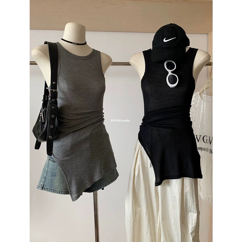 Mid-Length Slim-Fit Pleated Sleeveless Vest for Women, Summer Gray Inner Layer, High-End Irregular Style, Outerwear for Trendy Girls