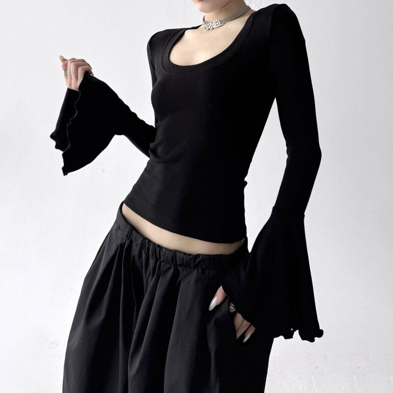 Trendy U-Neck Flared Sleeve Long-Sleeve T-Shirt for Women, 2025 Spring and Autumn New Slim-Fit Top, Base Layer Shirt
