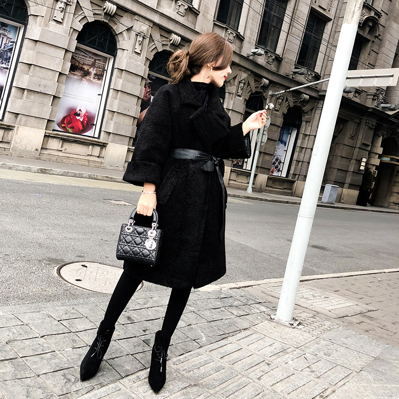 Clearance 2025 Winter Black Lace-Up Mid-Length Fur Coat Faux Fur Jacket for Women