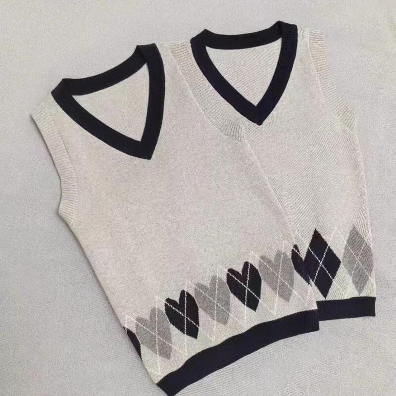 School Uniform Style Vest for Primary and Secondary School Students, Boys and Girls, British Academy Style, Light Gray Heart-Shaped Pattern, Light Gray Diamond Pattern Wool Vest