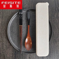 Комплект, палочки для еды, ложка для школьников и студентов, деревянная портативная посуда, коробка, 3 предмета