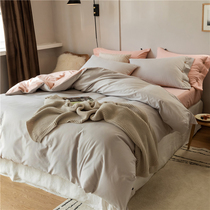 Upscale 100 long suede cotton pure color grinding wool four pieces of full cotton parquet color pure cotton thickened bed hat-style bedding