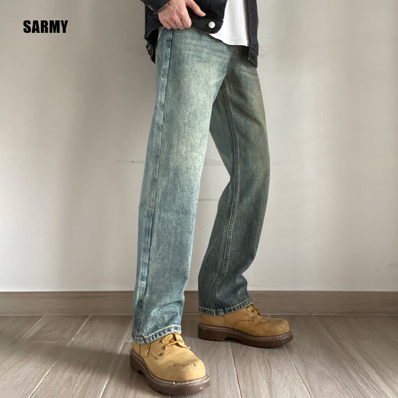 Sarmy Paired with Yellow Boots, American Retro Jeans, Men's Straight-Leg Casual Long Pants, Spring Cleanfit