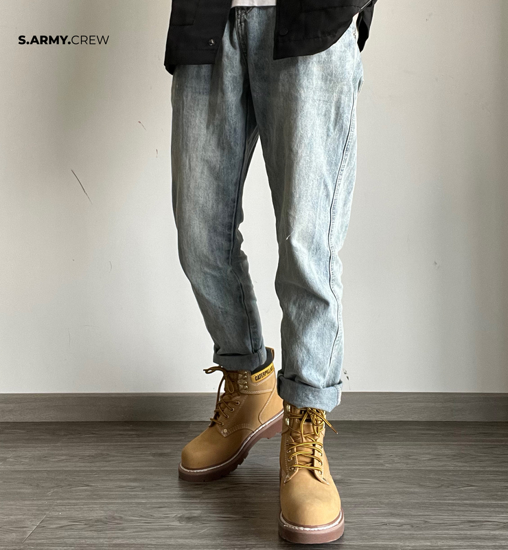 Spring and Summer Outfit with Martin Boots, Loose Straight-Leg Yellow Boots, Pants, Men's American-Style Light-Colored Cropped Jeans for Men