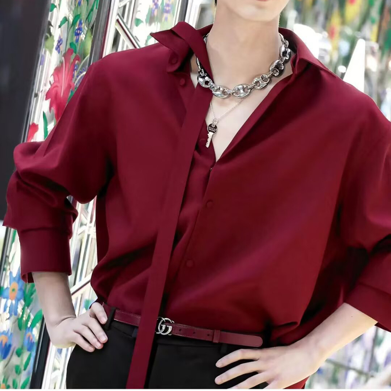 Burgundy Ribbon Shirt, Long-Sleeved, High-End, Niche, Cool and Handsome, American Retro, Dark Red Lapel, Drapey Shirt