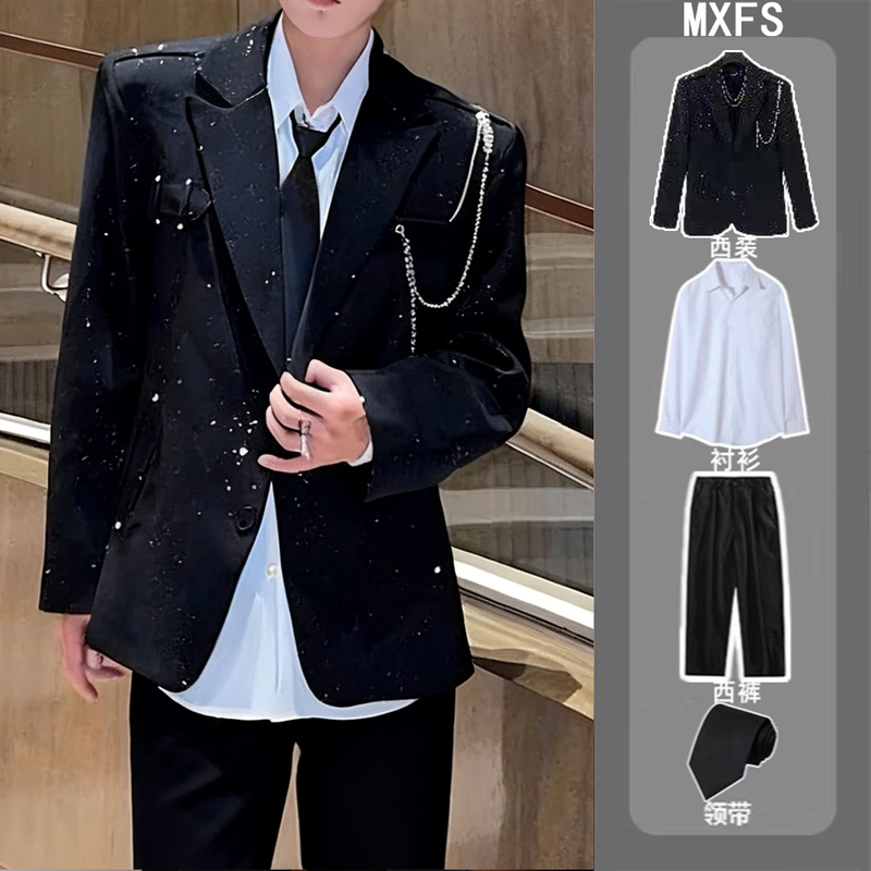 High-End Black Star-Patterned Blazer for Men with Shoulder Pads, Stylish and Versatile, Korean Style Trendy Chain Small Suit Jacket