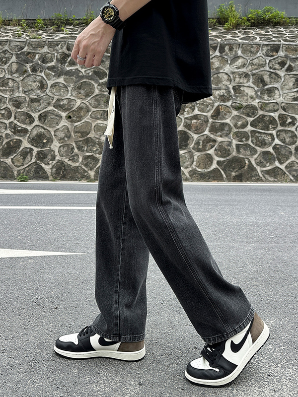 Black and Gray Retro Jeans for Men, Spring and Summer Drawstring Loose Straight-Leg American High Street Style Casual Wide-Leg Pants for Boys Black and Gray Retro Jeans for Men, Spring and Summer Drawstring Loose Straight-Leg American High Street Style Casual Wide-Leg Pants for Boys