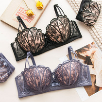 Sexy half cup underwear set Female lace embroidery small bra incognito thickened section gathered side closed rimless bra