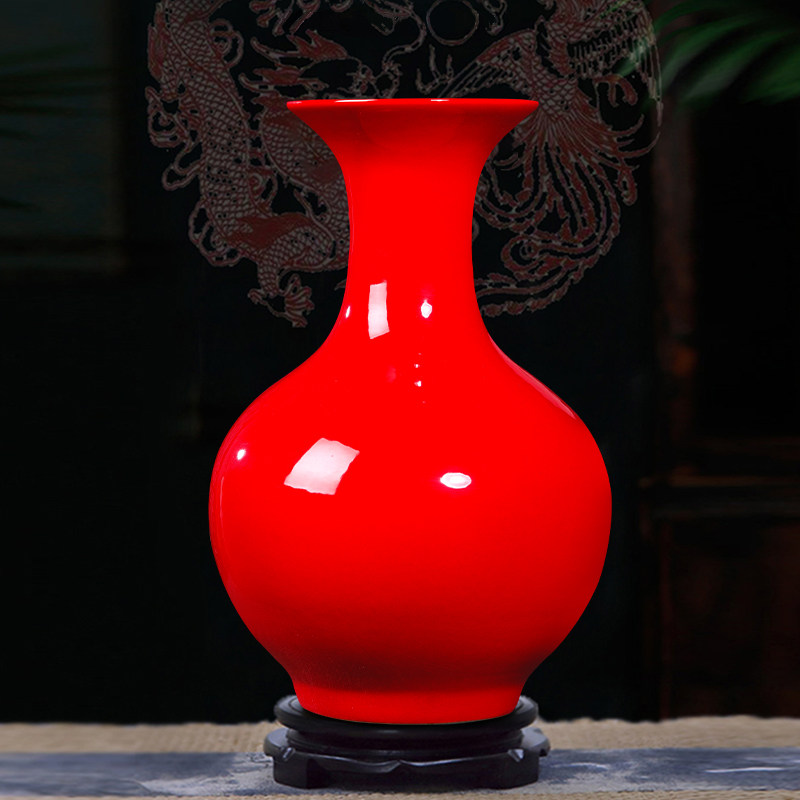 Jingdezhen Chinese red ceramic vase decorations Chinese-style home porch rack living room decorations wedding opening gifts
