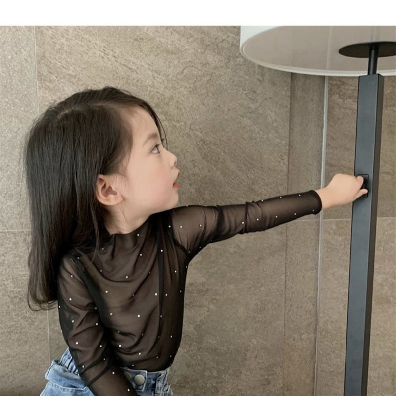 Girls' Transparent Mesh Top, Sun Protection Long-Sleeve Ultra-Thin Lace Hollow-Out Mesh T-Shirt, Black and White Rhinestone Base Shirt 6