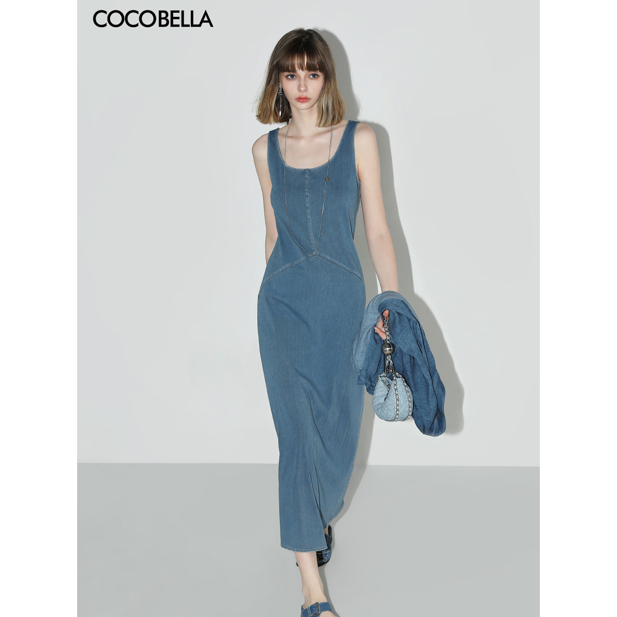 COCOBELLA シンプルストレッチニットデニムワンピースデザイン カジュアルベスト ロングスカート FR615