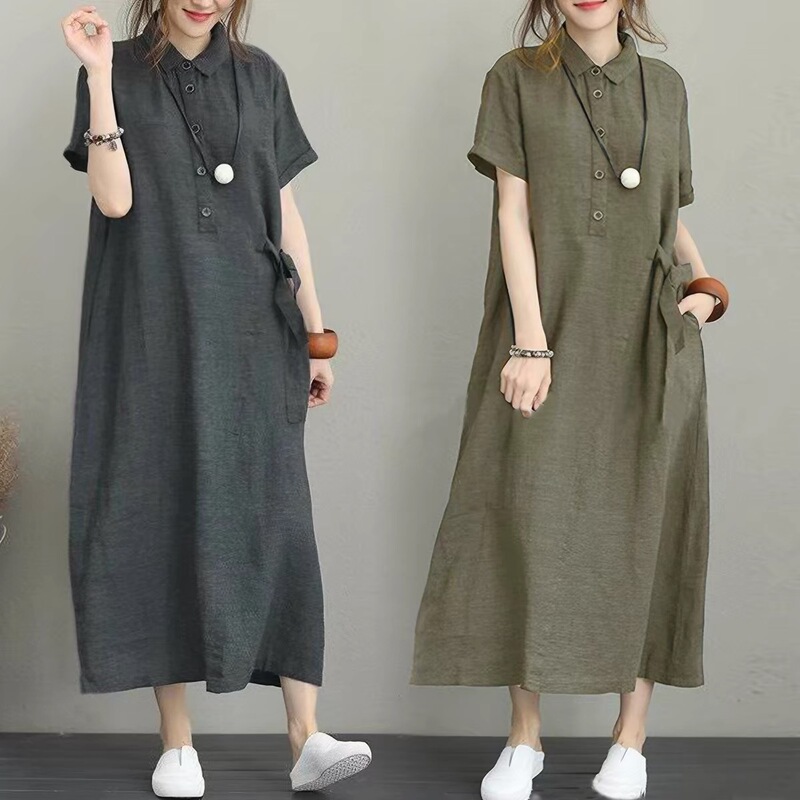 Western-Style Loose Cotton and Linen Short-Sleeved Dress for Women, Summer, Artistic, Plus Size, Age-Reducing, Slimming, Mid-Length Linen Shirt Dress