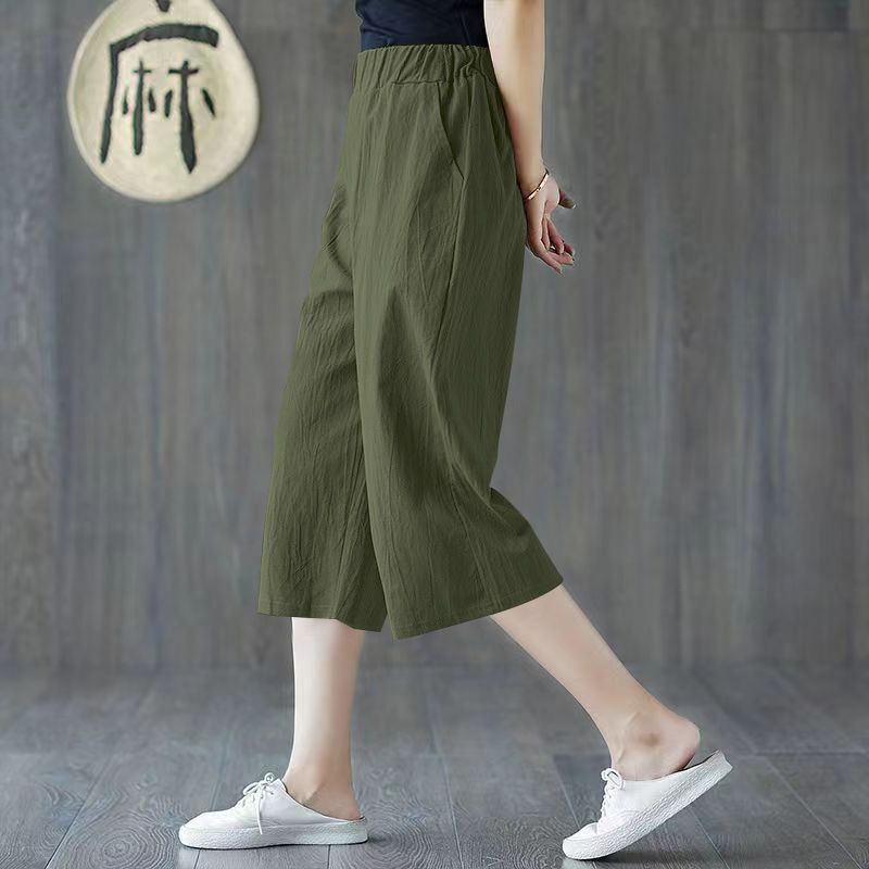 Chinese Style Retro Wide-Leg Pants Linen Cropped Pants Women's Shorts Summer Thin Casual Loose Cotton-Linen Capri Pants