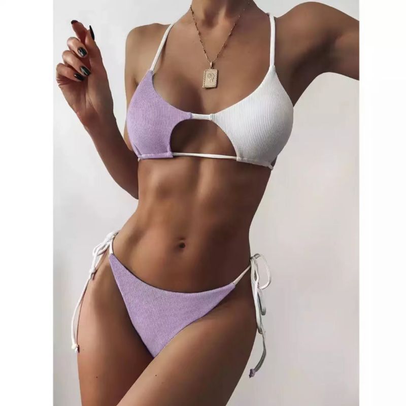 Aliexpress Amazon Color-Blocked Cut-Out Two-Piece Swimsuit Tie-Up Bikini Vacation Sexy Swimwear Women's Bikini