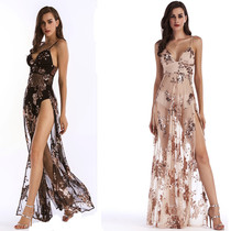 Nightclub Sexy Embroidered Sequin Halter v-neck Split Perspective Mesh dress Fairy dress Princess long dress summer