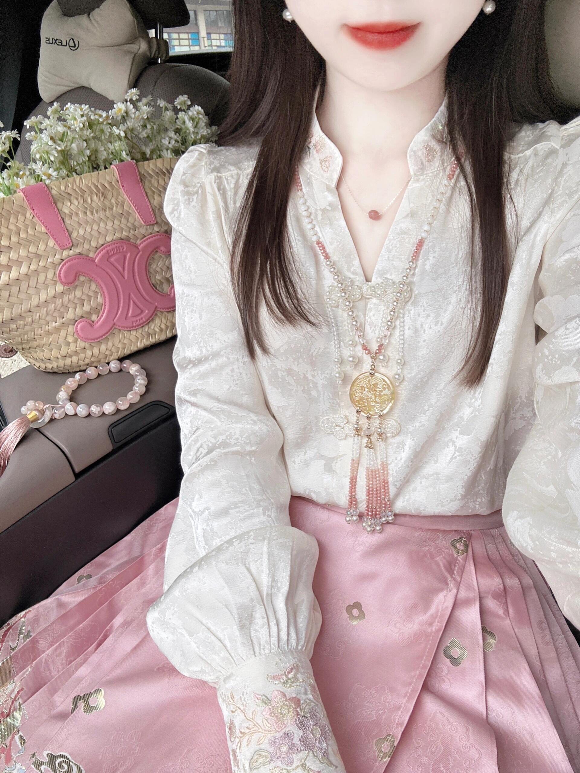 汉服上装 马面裙上衣春秋提花衬衫女长袖盘扣国风女装上班穿的改良汉服套装