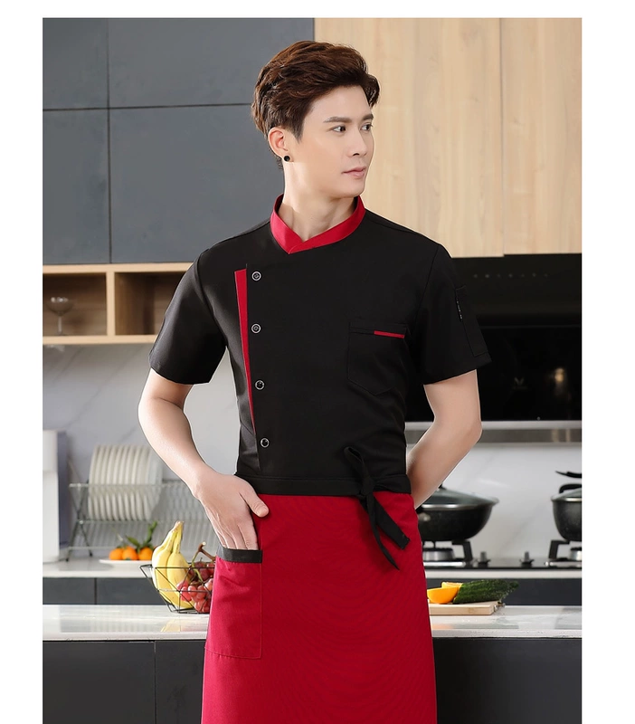 Áo liền 
            quần đầu bếp tùy chỉnh ngắn tay căng tin khách sạn trở lại dụng cụ nhà bếp nam thợ làm bánh cỡ lớn phục vụ đồng phục dài tay ao bep mẫu áo đầu bếp