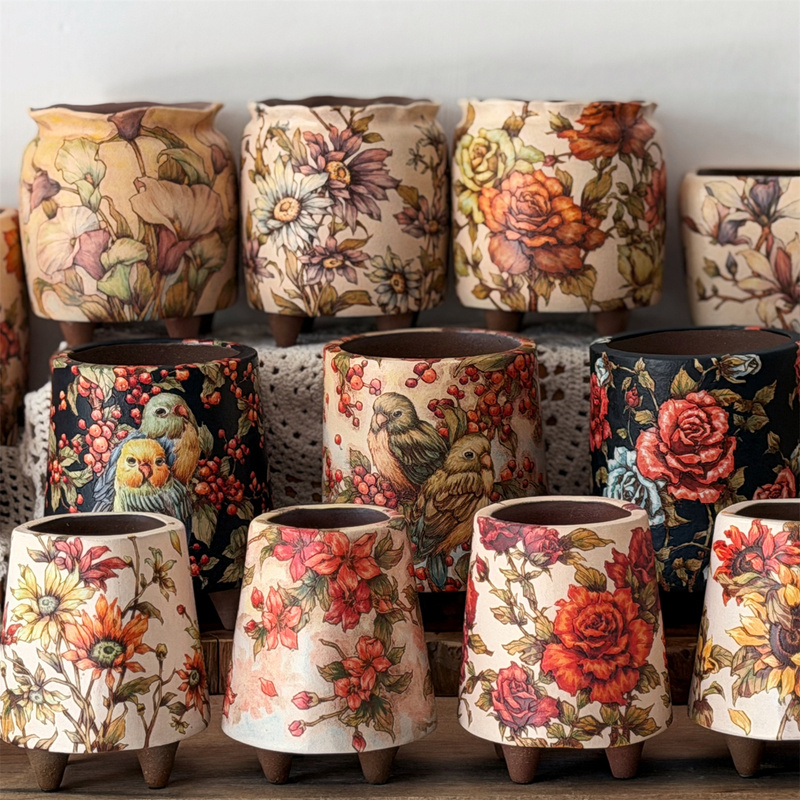 New Anna Original Chinese-Style Hand-Painted Vintage Floral Succulent Flower Pot Breathable Purple Clay Tabletop Planter with Free Shipping