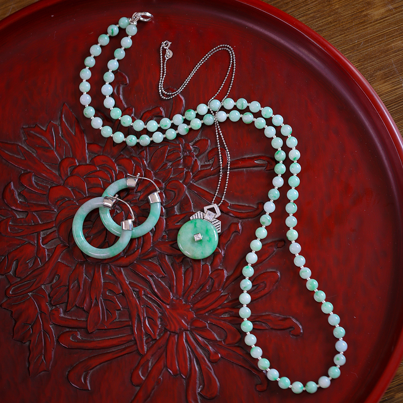 Original LAOSHU Natural Antique Jade S925 Silver Set Necklace Artdeco Vintage Style