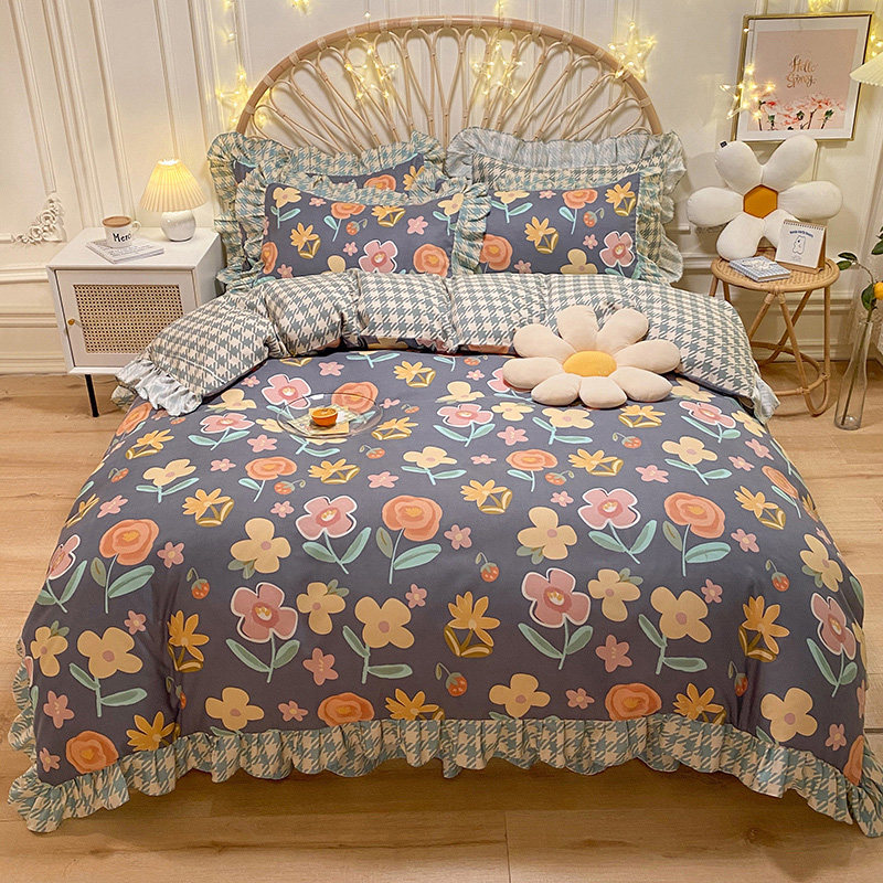 Net reddits small frescoed bed skirt 4 pieces of public main wind girl heart bed bedding bed bedding three sets of summer