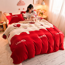 Milk velvet winter padded double-faced gold mink dress four-piece coral velvet quilt cover flannel bed linen bedding