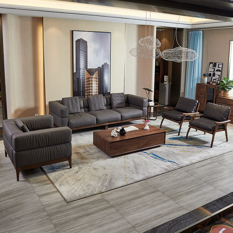 Italian Minimalist North American Black Walnuts Wood Real Leather Sofa Light Luxury Hall Furniture Nordic Log Down Sofa-Taobao