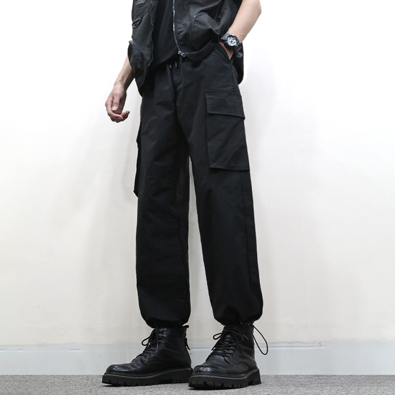Dust-Proof Summer New Style Nine-Point Cargo Pants for Men, Drawstring Jogger Pants, Trendy Brand Loose Casual Pants, Black Versatile Pants