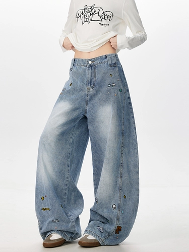 Мультяшные осенние джинсы подходит для мужчин и женщин, штаны, с вышивкой, свободный прямой крой, в американском стиле