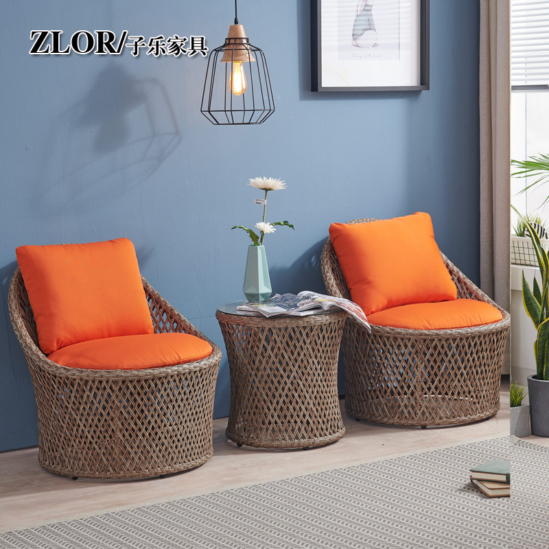 Zile Furniture Rattan Chair Three-piece Balcony Leisure Table and Chair Outdoor Rattan Table and Chair Coffee Table Combination Bedroom Table and Chair