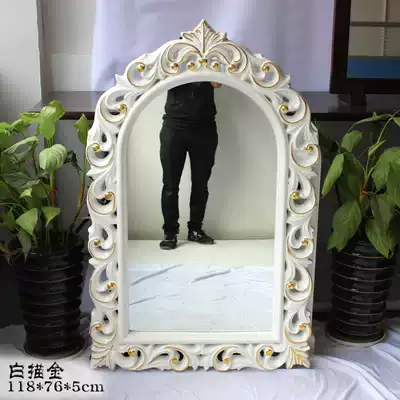 Home improvement mirror Bathroom mirror European-style PU frame carved retro bathroom mirror makeup mirror Beauty salon barber shop mirror
