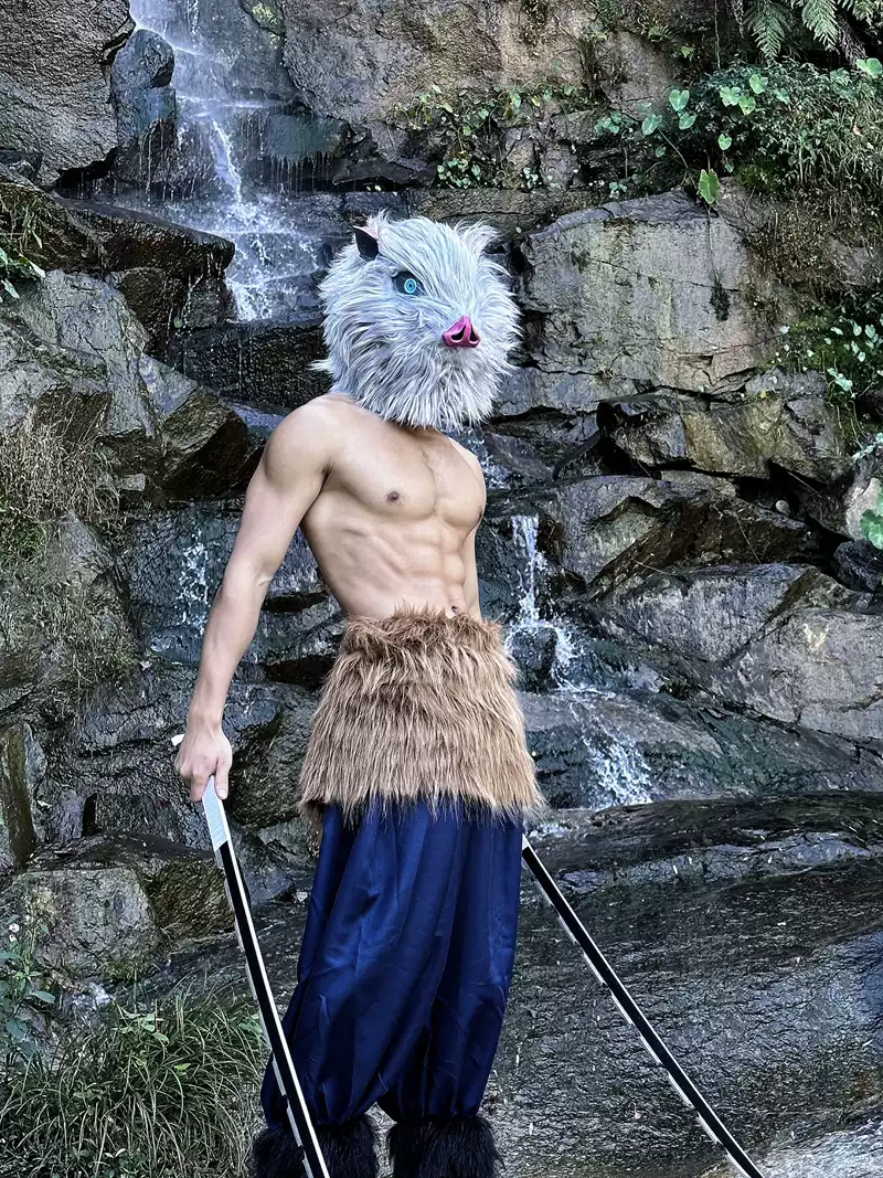 鬼灭之刃嘴平伊之助猪头套cosplay万圣节服装动漫漫展装扮道具-淘宝