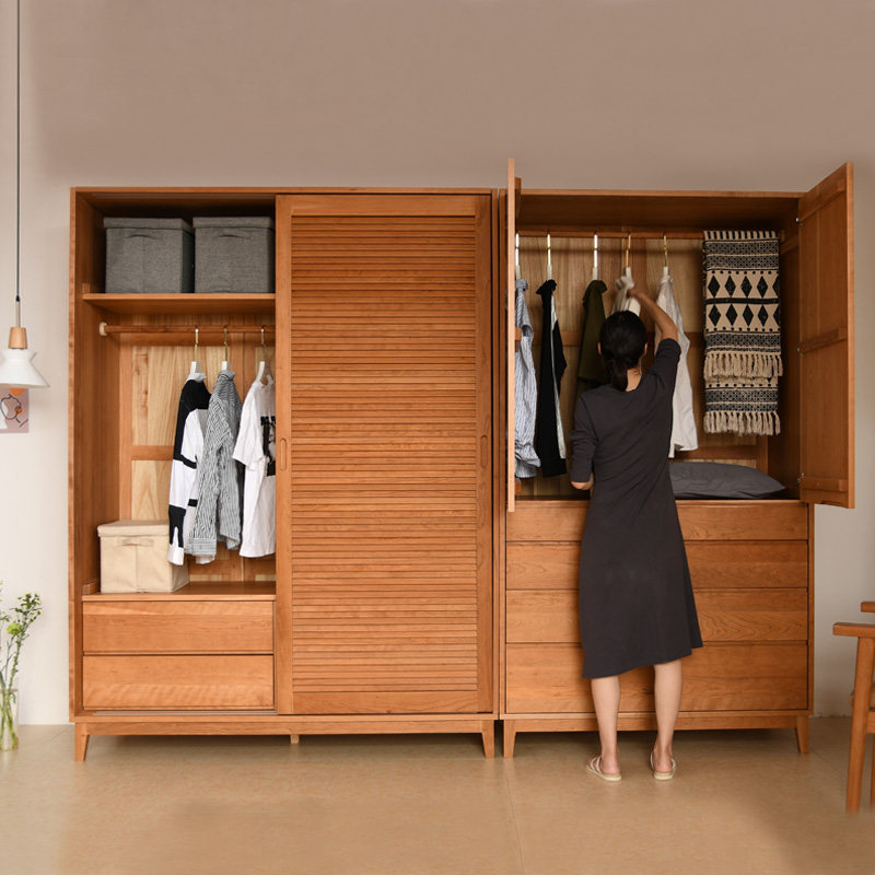 Nordic Japanese solid wood cherry wood flat door storage wardrobe black walnut sliding shutter door large wardrobe custom
