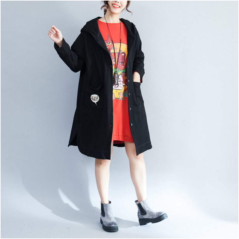 春装2018新款女韩版时尚休闲中长款大码连帽卡通印花外套连衣裙女
