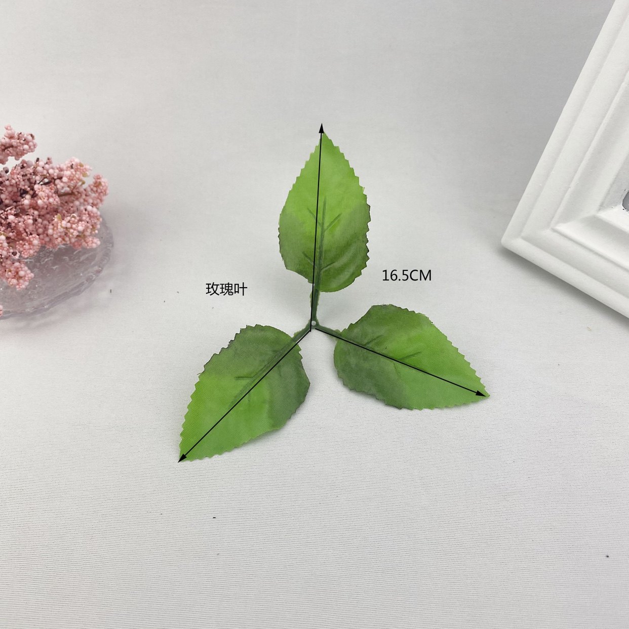 仿真花丝印玫瑰花叶花束两叉六片叶丝网花配饰DIY手工假花简约花详情5