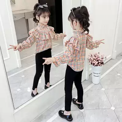 Girls Spring and Autumn Plaid shirt French top Korean long-sleeved pure cotton Western style girls and children's shirt fashionable children