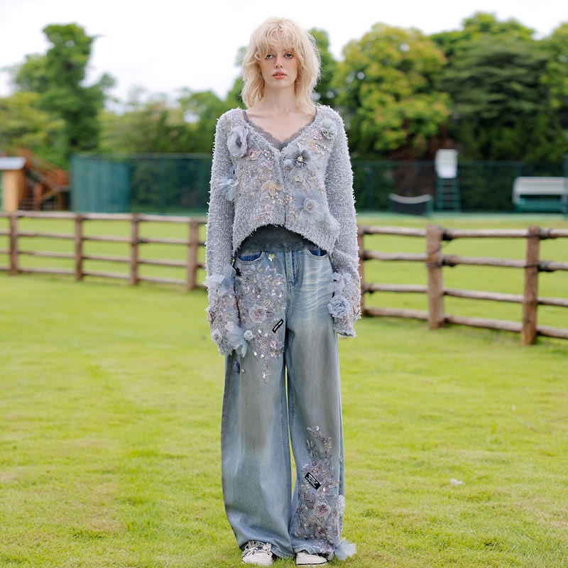 Akemo Set of Floral Sweater Jacket, Vintage Sequin Distressed Jeans, 26 Autumn New Arrivals, Missl Buyer Store