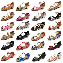 Childrens Latin dance shoes Female beginner childrens national standard dance shoes examination grade 3 5cm flat heel dance shoes black and white blue and red