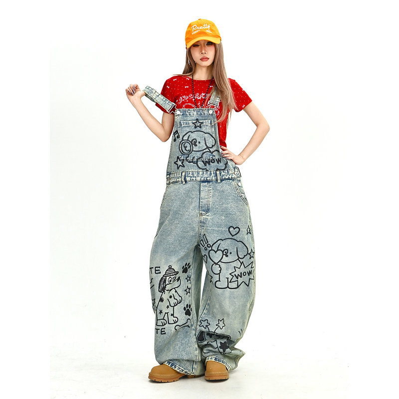 Trendy Graffiti Puppy Denim Overalls for Women, 2026 Summer New Style, Loose Fit, Bf American College Style Wide-Leg Pants Trendy Graffiti Puppy Denim Overalls for Women, 2026 Summer New Style, Loose Fit, Bf American College Style Wide-Leg Pants